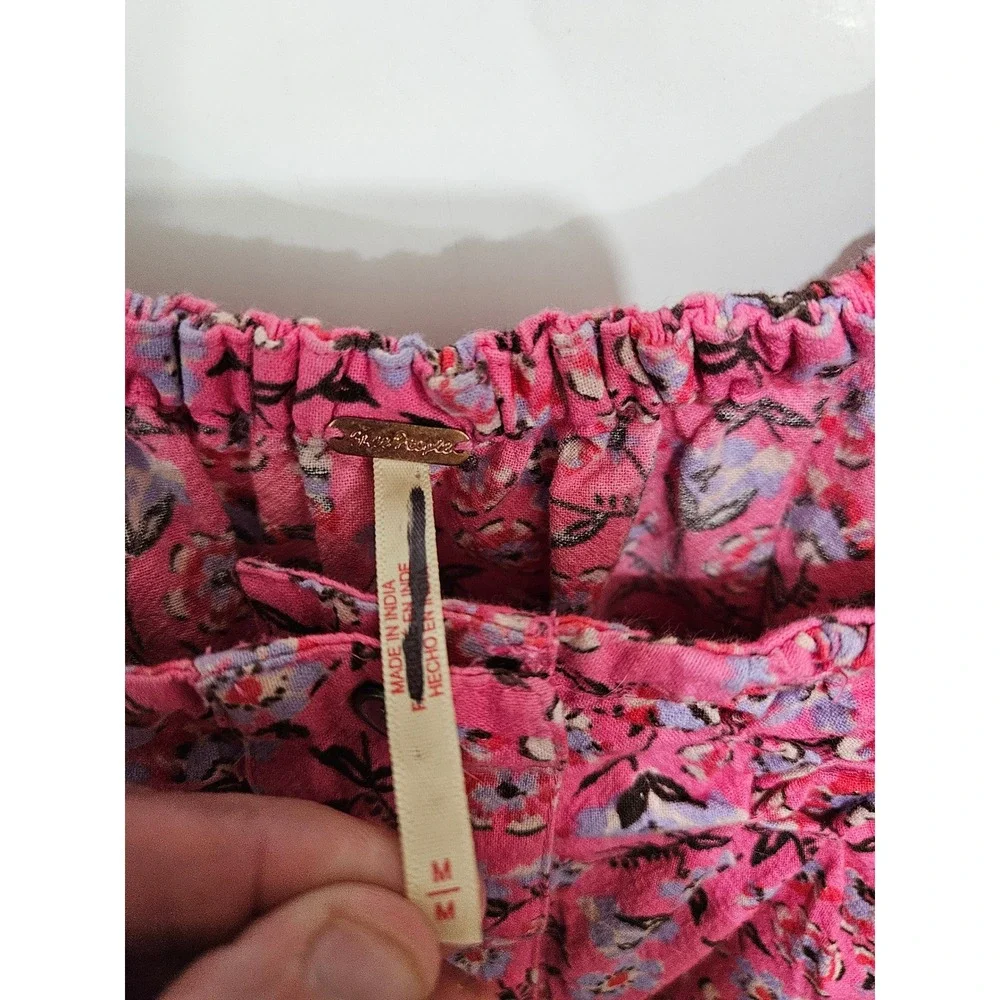 Free People M Pink Floral Peasant Blouse 100% Cotton Puff Sleeve Boho Cottagecor